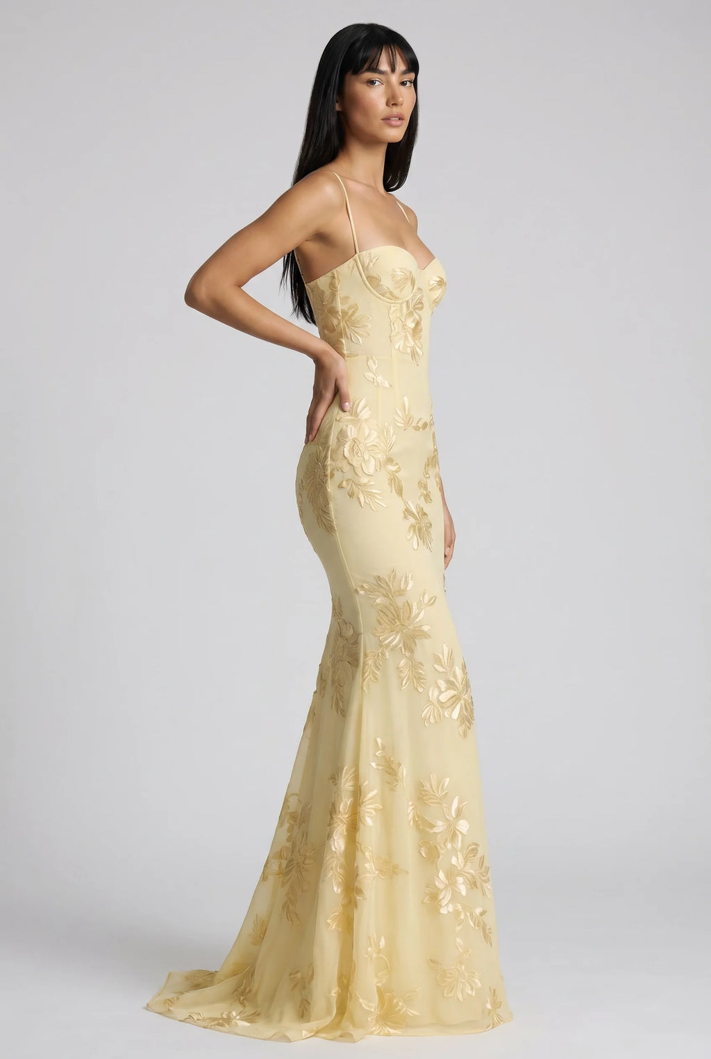 Yellow Floral Appliqué Corset Maxi Dress