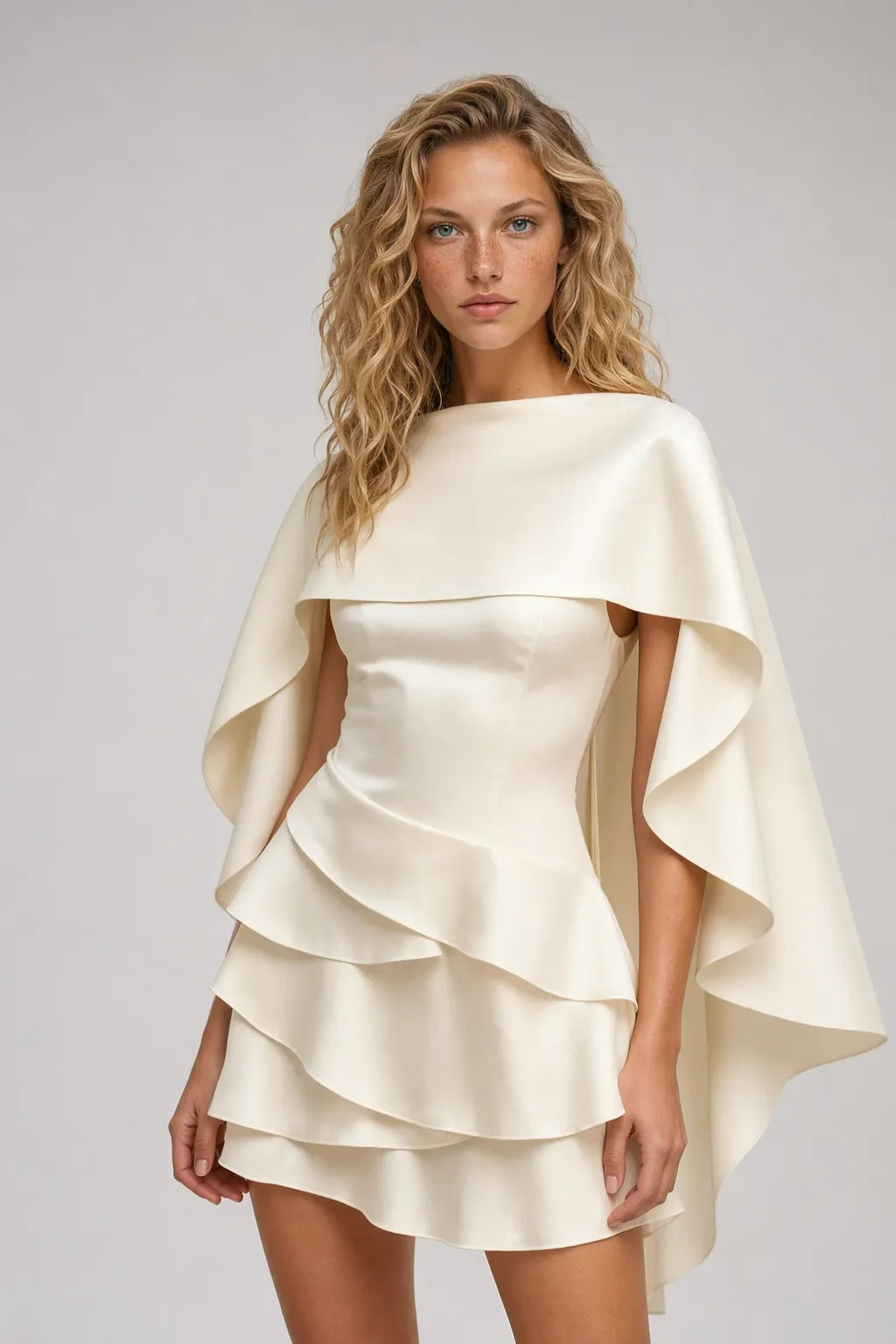 Black Satin Ruffled Mini Dress with Shawl Panel Detail