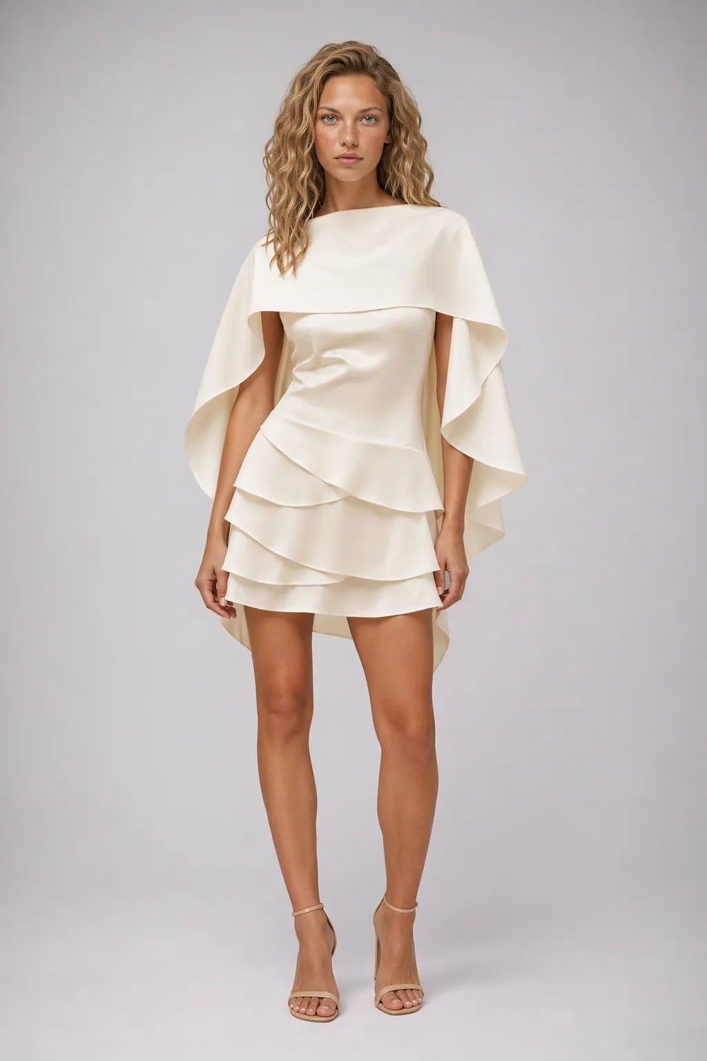 Black Satin Ruffled Mini Dress with Shawl Panel Detail