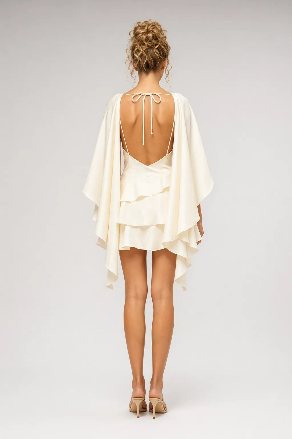 Black Satin Ruffled Mini Dress with Shawl Panel Detail