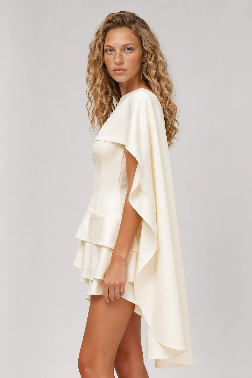 Black Satin Ruffled Mini Dress with Shawl Panel Detail