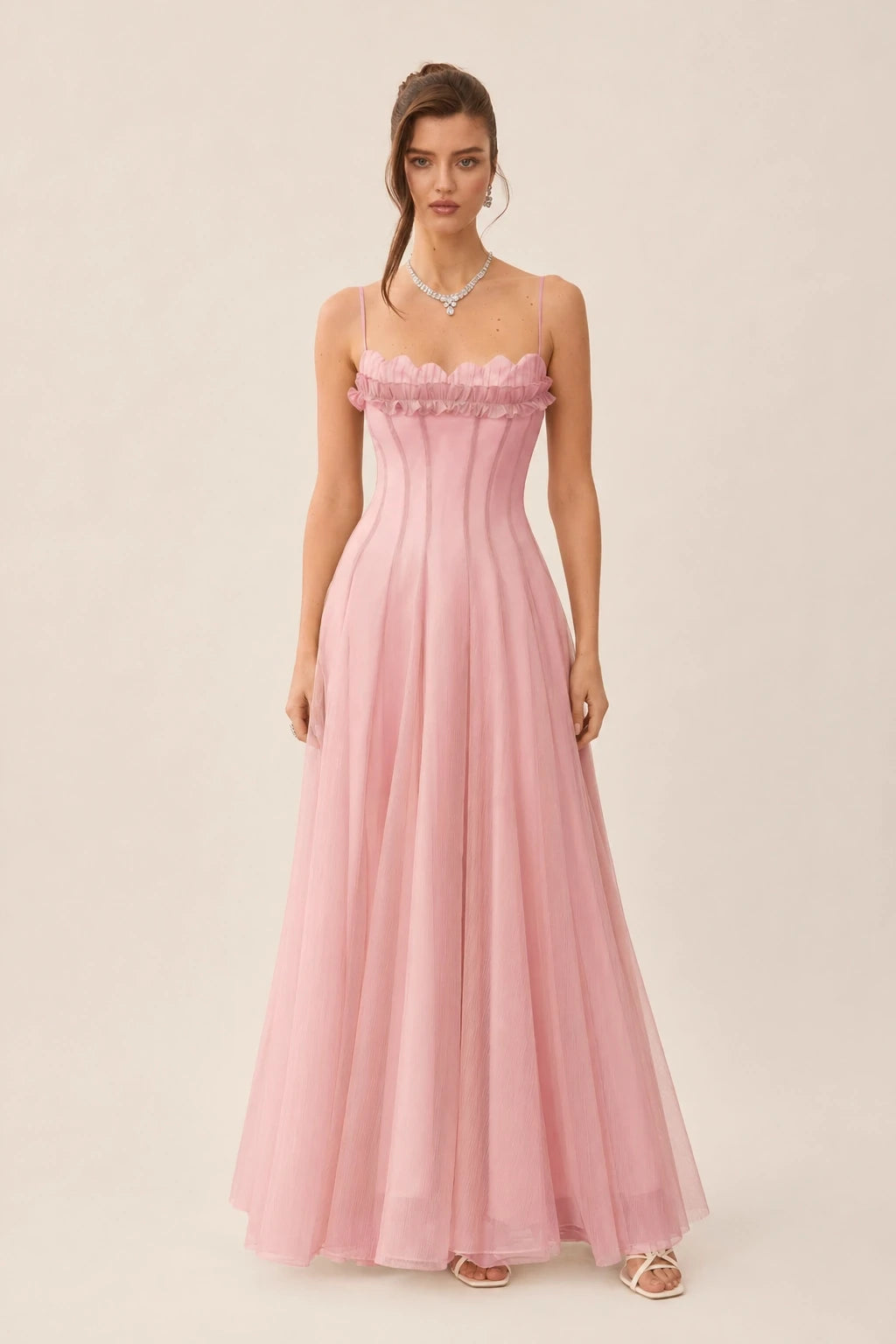 Matcha Ruffled Shirred Tulle Maxi Dress