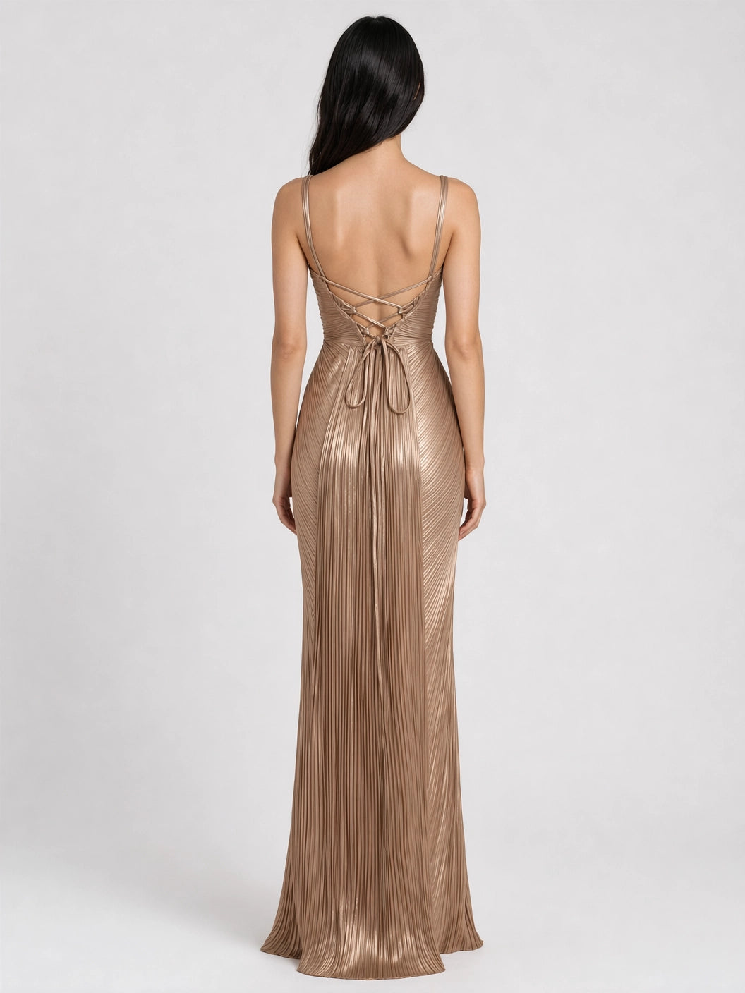 Gold Glossy Pleated Corset Maxi Dress