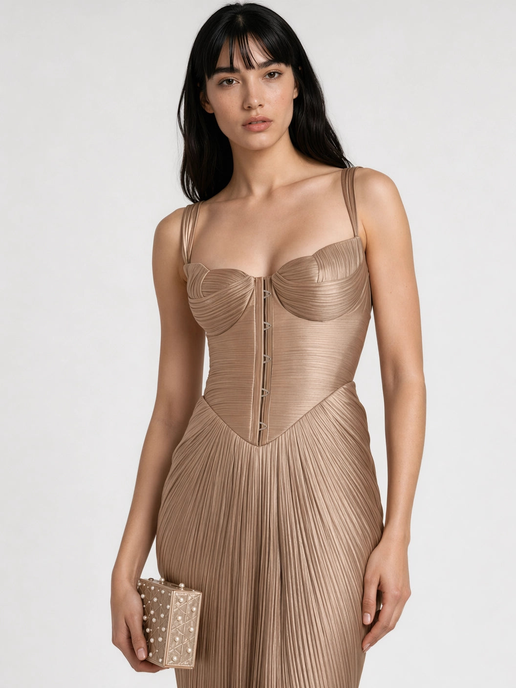 Gold Glossy Pleated Corset Maxi Dress