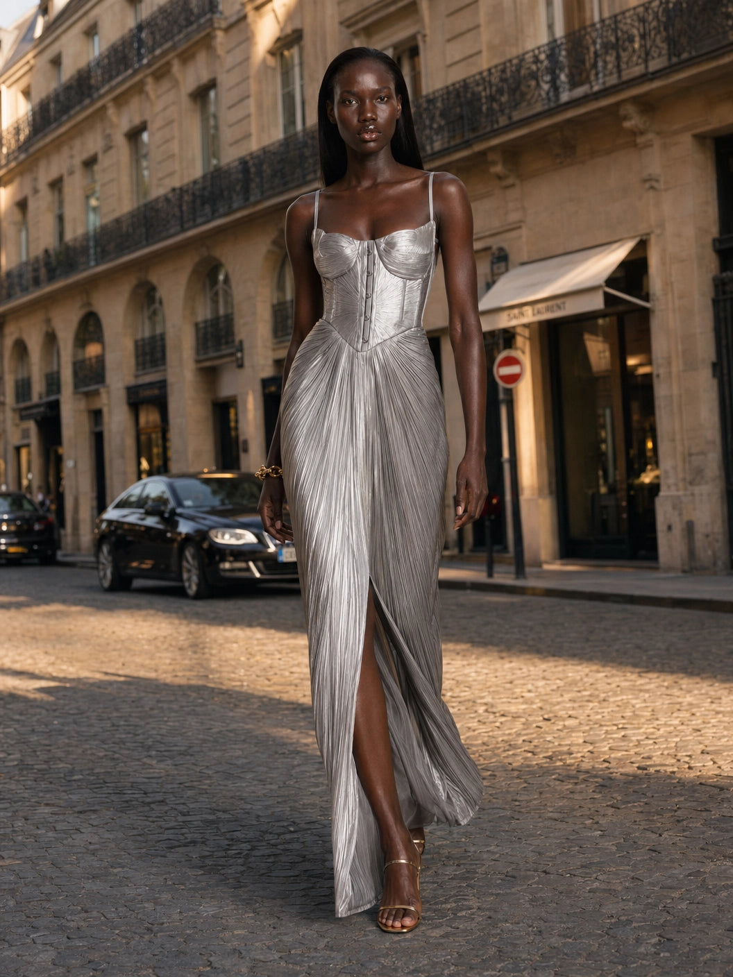 Gold Glossy Pleated Corset Maxi Dress