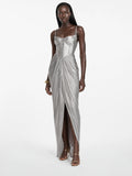 Gold Glossy Pleated Corset Maxi Dress