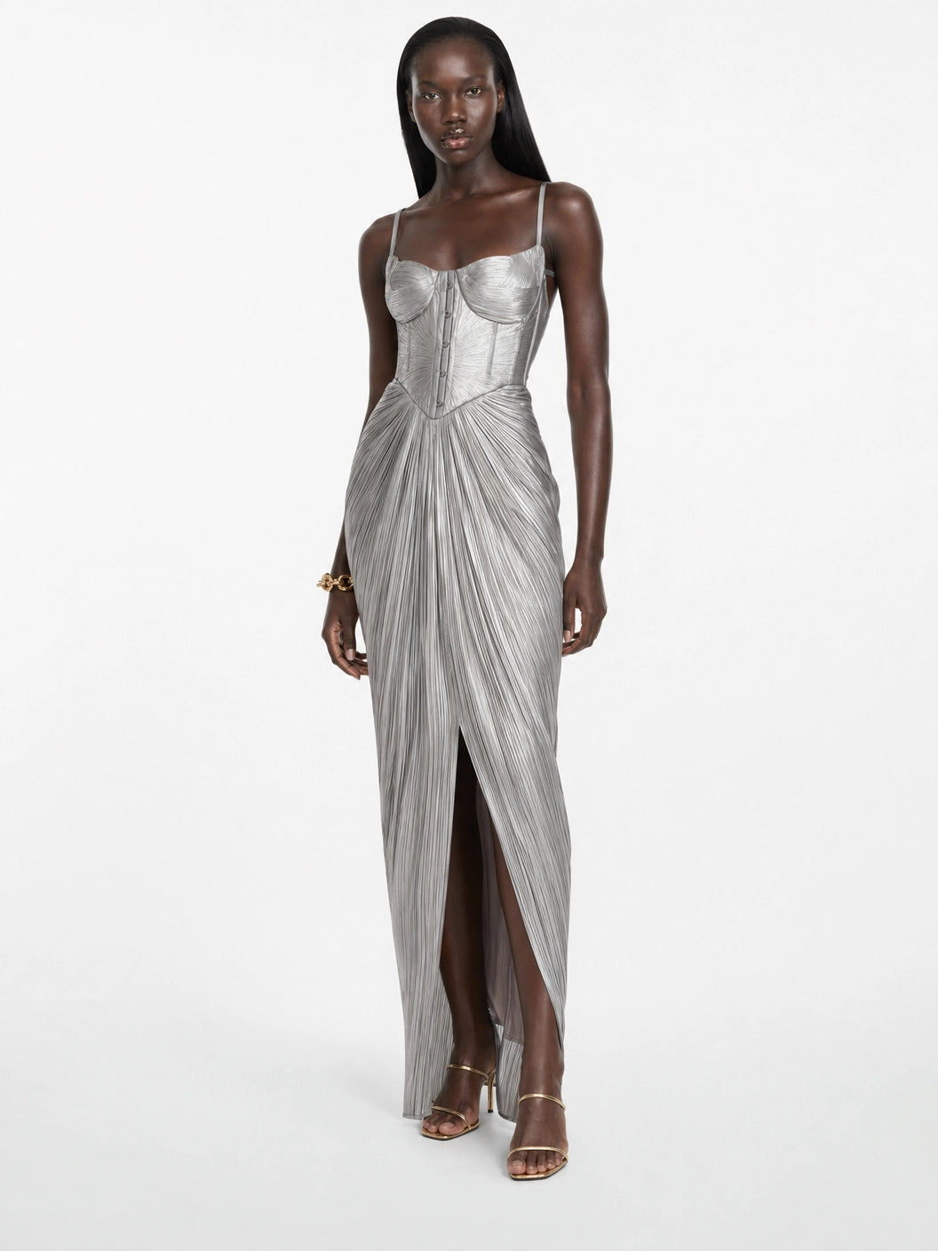 Gold Glossy Pleated Corset Maxi Dress