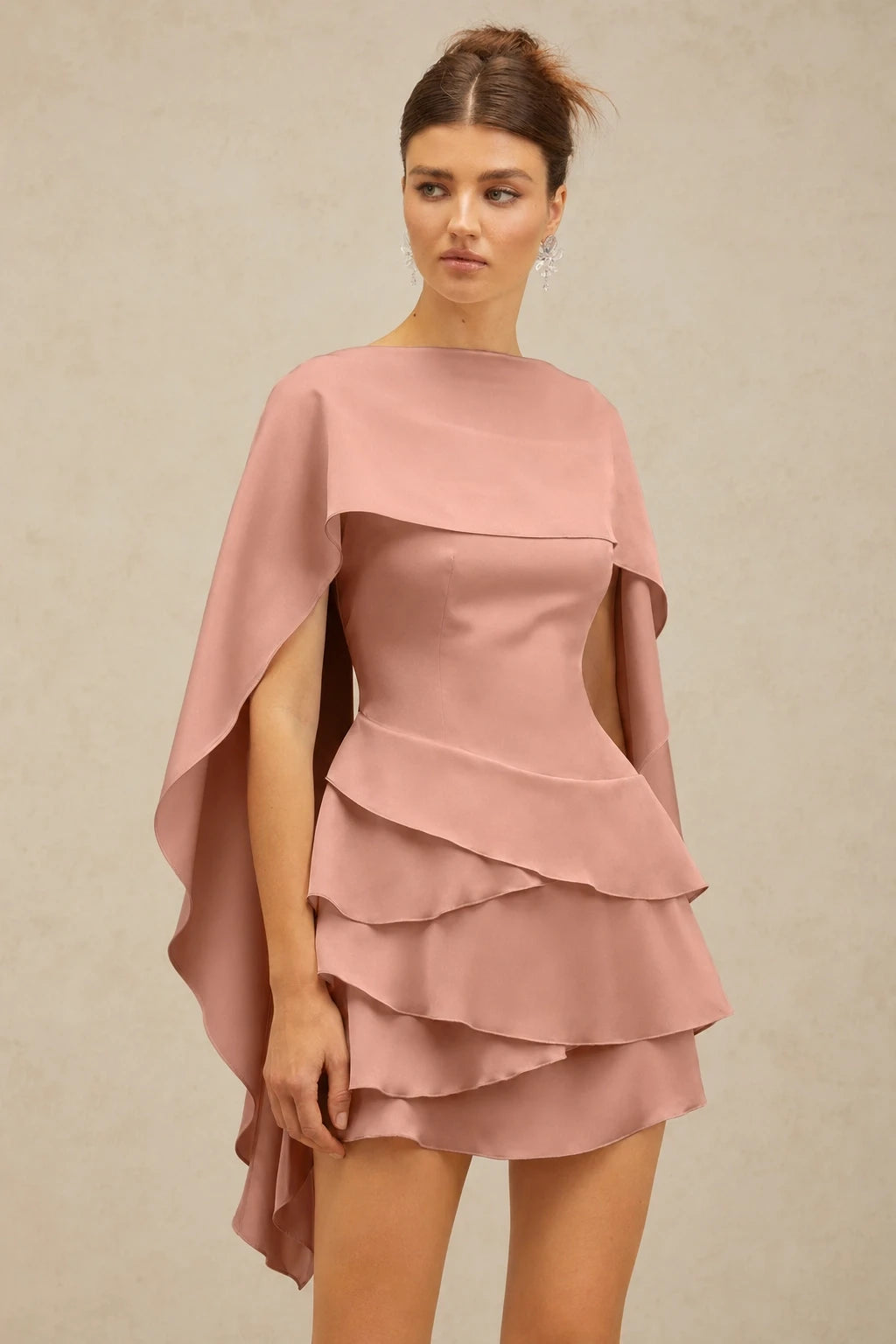 Black Satin Ruffled Mini Dress with Shawl Panel Detail