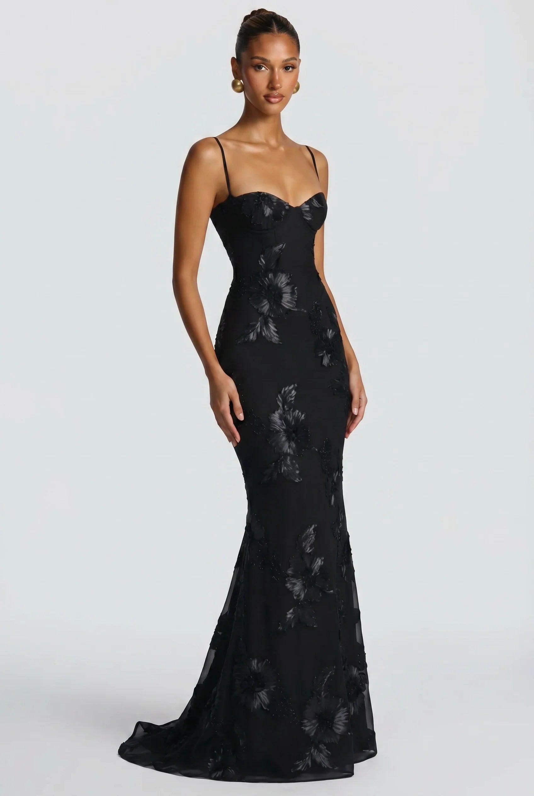 Black Floral Appliqué Corset Maxi Dress
