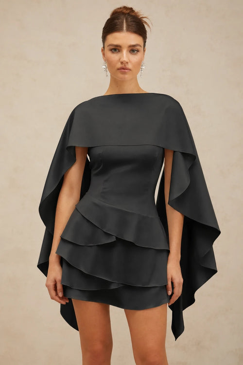 Black Satin Ruffled Mini Dress with Shawl Panel Detail