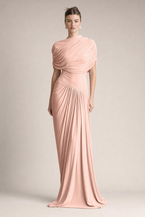 Asymmetrical Pleated Maxi Dress in Pink