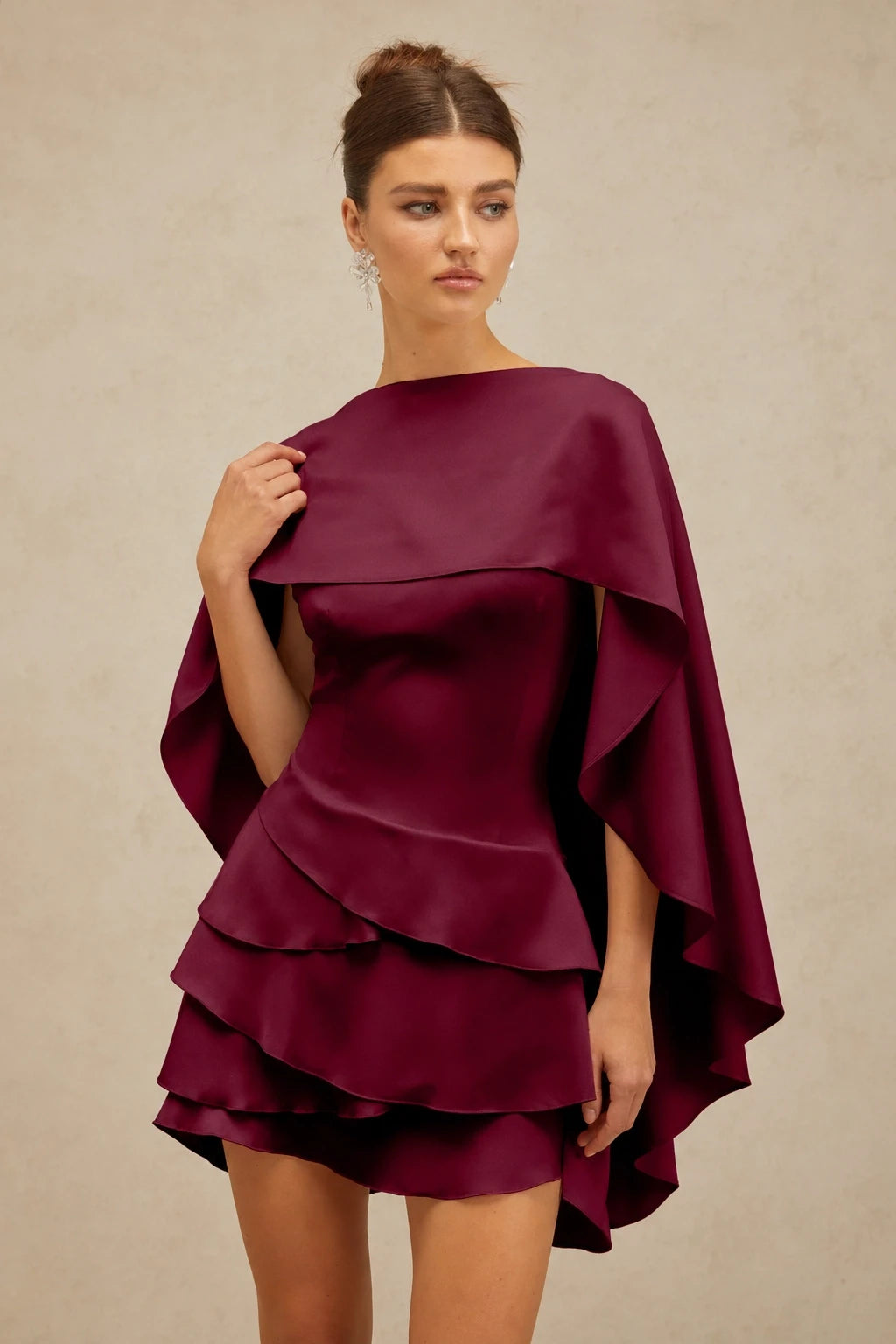 Black Satin Ruffled Mini Dress with Shawl Panel Detail