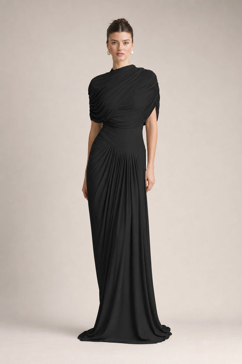 Black Asymmetrical Pleated Maxi Dress